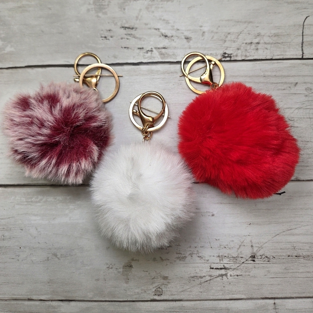 Elegant Fluffy Keychain Set - Red, White, and Purple